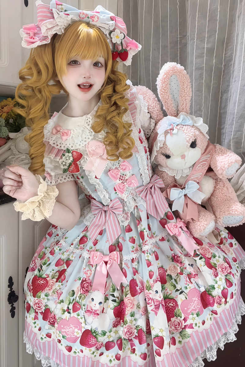 [pre-order Deadline: April 29] Strawberry Rabbit Ear Ribbon Shirt + Ruffled Shoulder Lace Ribbon Jk School Uniform Dress + Full Set/complete Set