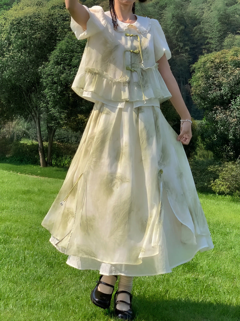 Chinese-style Tassel Chiffon Ruffle Layered Set