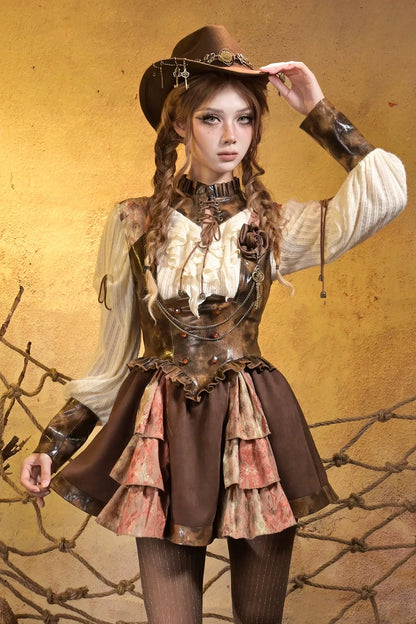 Steampunk Lace Patchwork Dress + Brooch
