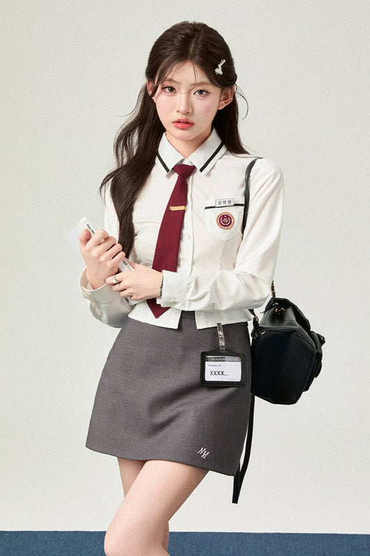 Korean White Waist Cinched Shirt + Gray Back Hip Skirt