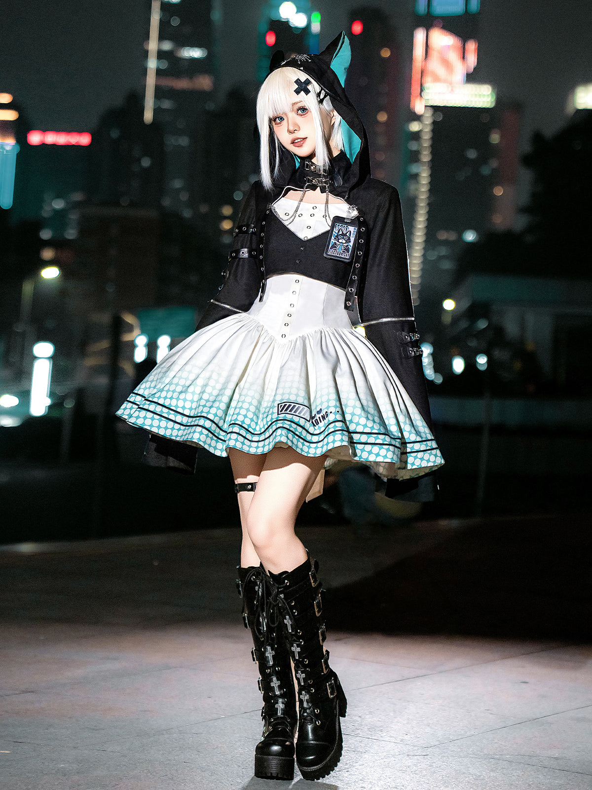 [pre-order] Daily Gothic Retro Punk Style Hooded Jacket + Pleated Jumper Skirt