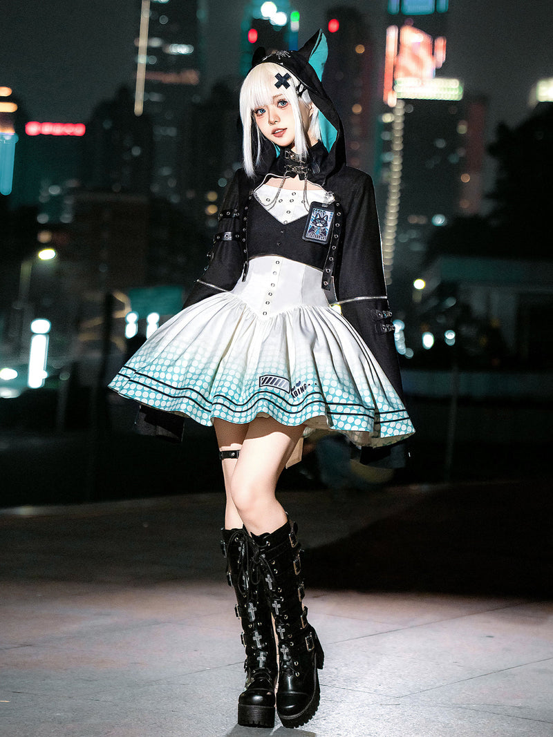 [pre-order] Daily Gothic Retro Punk Style Hooded Jacket + Pleated Jumper Skirt