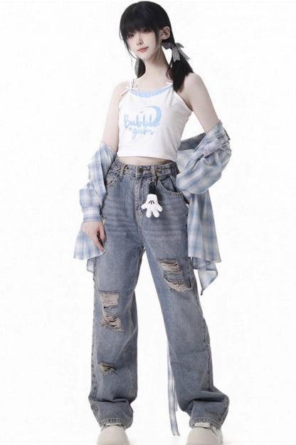 Plaid Shirt + Camisole + Denim Pants