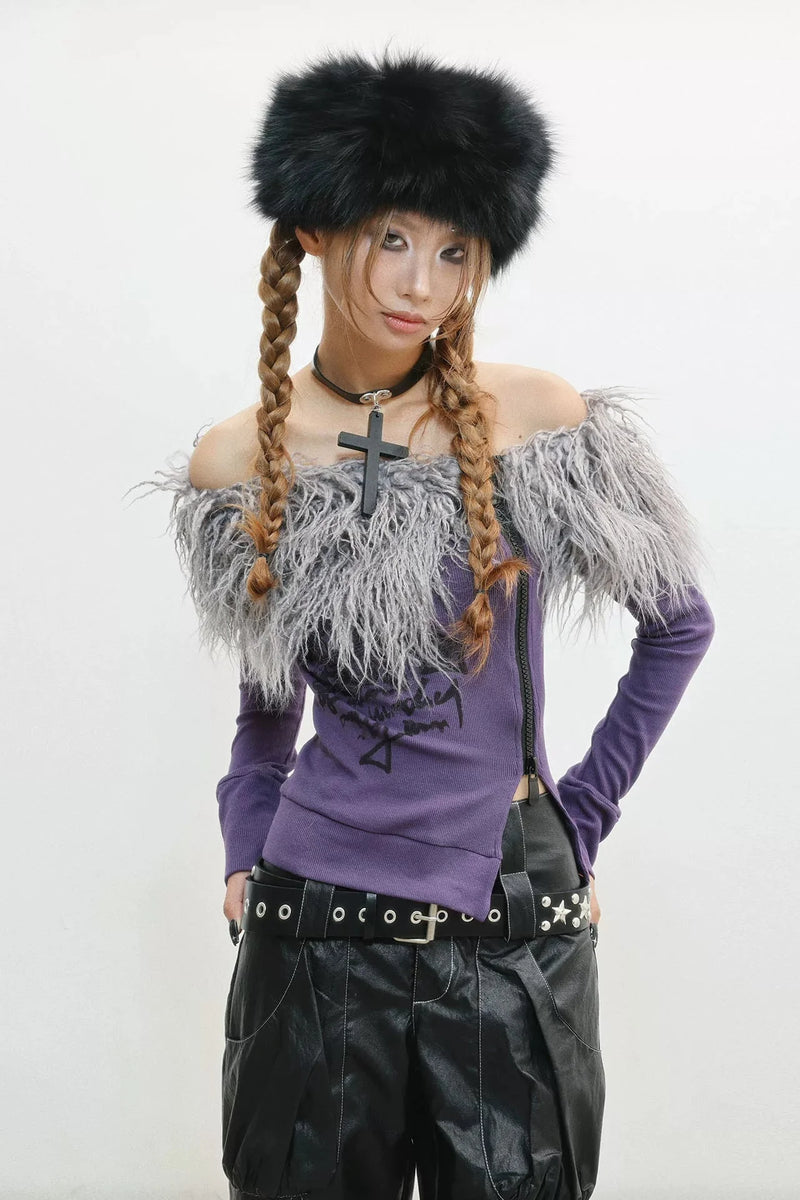 Zip Faux Fur Shoulder Top