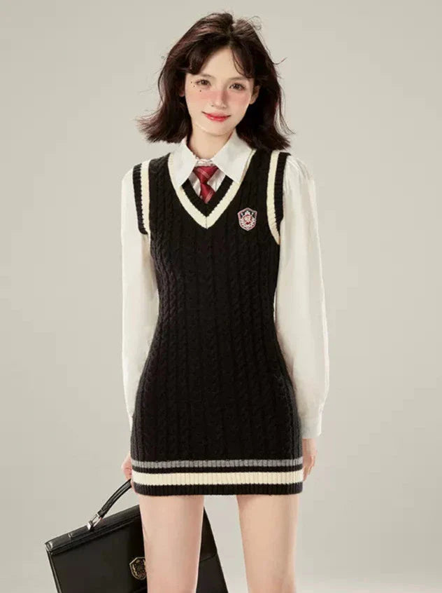 College Style Necktie White Shirt + V-neck Knit Vest Dress