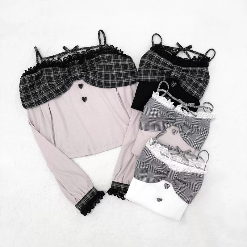 Off-shoulder Lace Ribbon Strap Knit Top