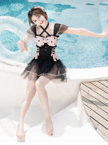 Dot Sheer Ruffle Lace Up Lolita Girly Dress Swimsuit