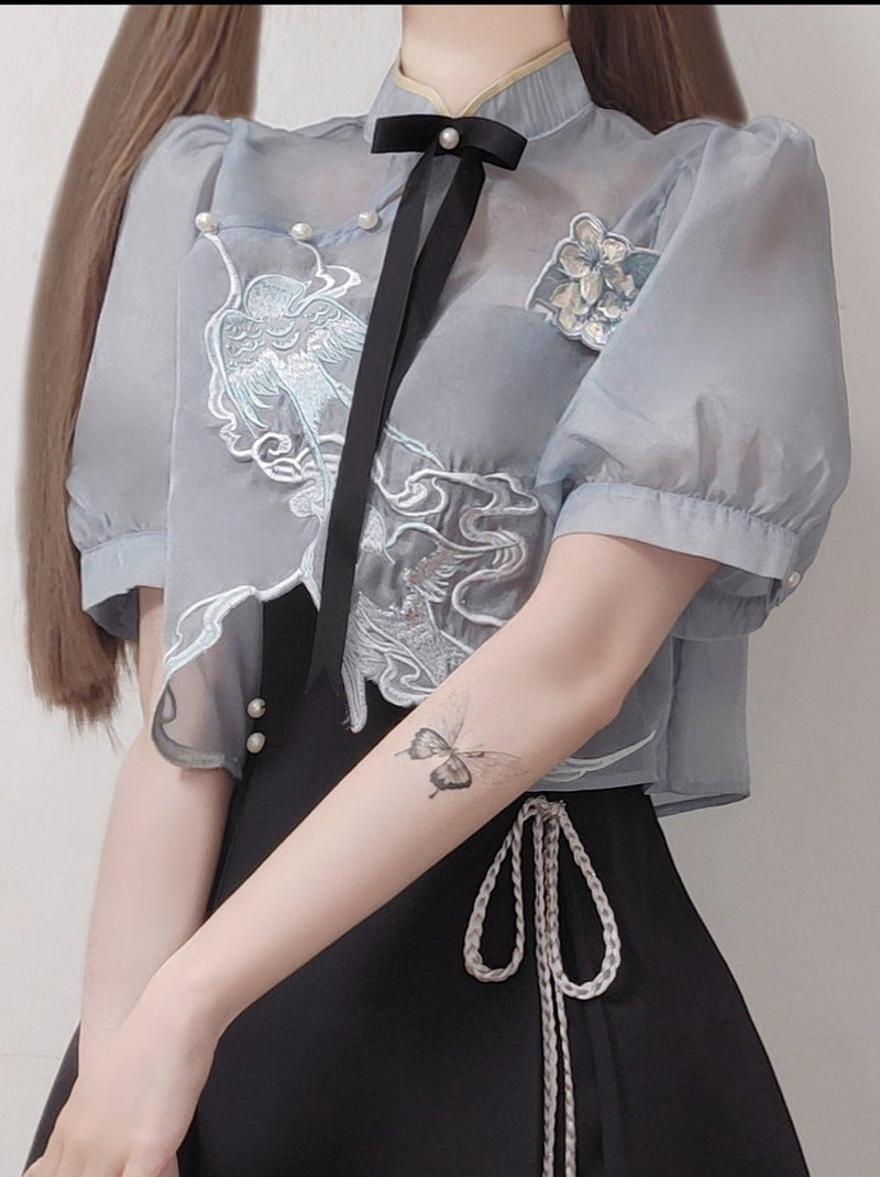 Chinese-style Embroidery Short Top + Suspender Skirt Suit
