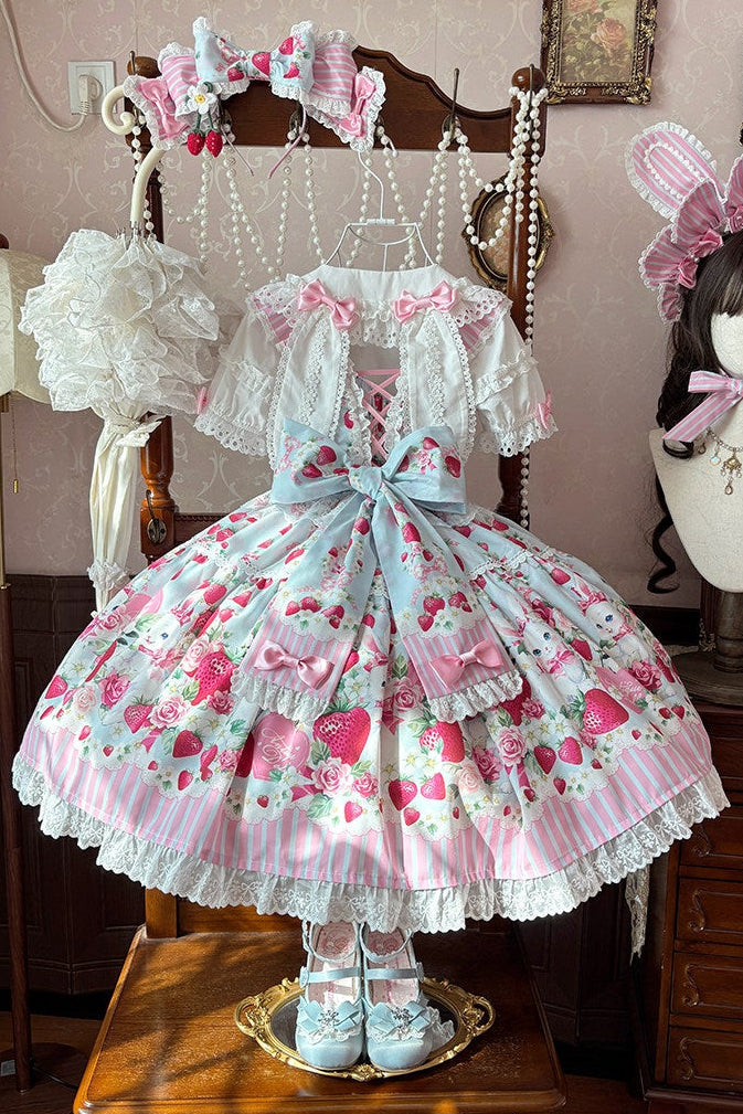 [pre-order Deadline: April 29] Strawberry Rabbit Ear Ribbon Shirt + Ruffled Shoulder Lace Ribbon Jk School Uniform Dress + Full Set/complete Set