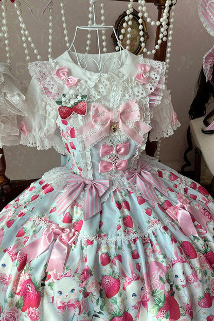 [pre-order Deadline: April 29] Strawberry Rabbit Ear Ribbon Shirt + Ruffled Shoulder Lace Ribbon Jk School Uniform Dress + Full Set/complete Set