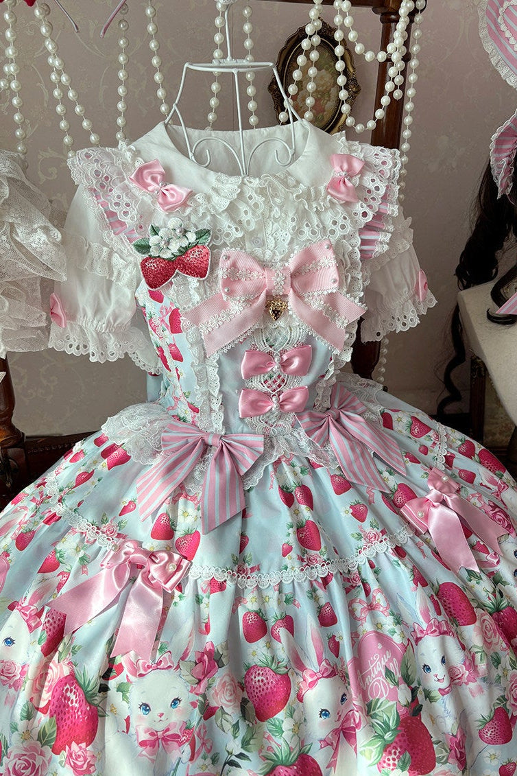 [pre-order Deadline: April 29] Strawberry Rabbit Ear Ribbon Shirt + Ruffled Shoulder Lace Ribbon Jk School Uniform Dress + Full Set/complete Set
