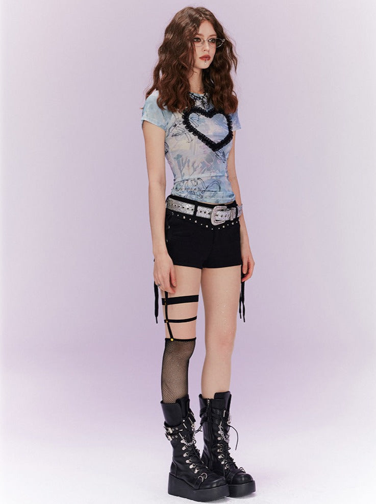 Heart Slim Top + Side Ribbon Shorts
