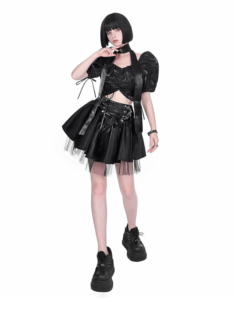Cyberpunk Glitter Set Cross Neck Stole + Puff Sleeve Short Top + Lace Up Tulle Skirt