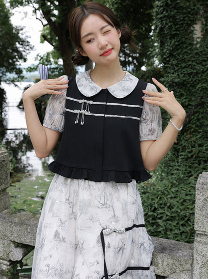 Doll Collar Sheer Puff Sleeve Print Chinese-style Top & Asymmetric Skirt Set