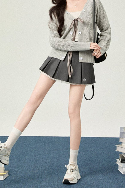 Bell Design Bow Knit Cardigan + Lace Pleated Skirt