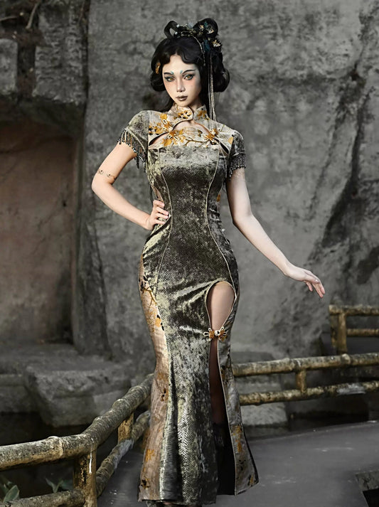 Dragon Festival Buckle Slim Mermaid Long Slit Cheongsam Dress
