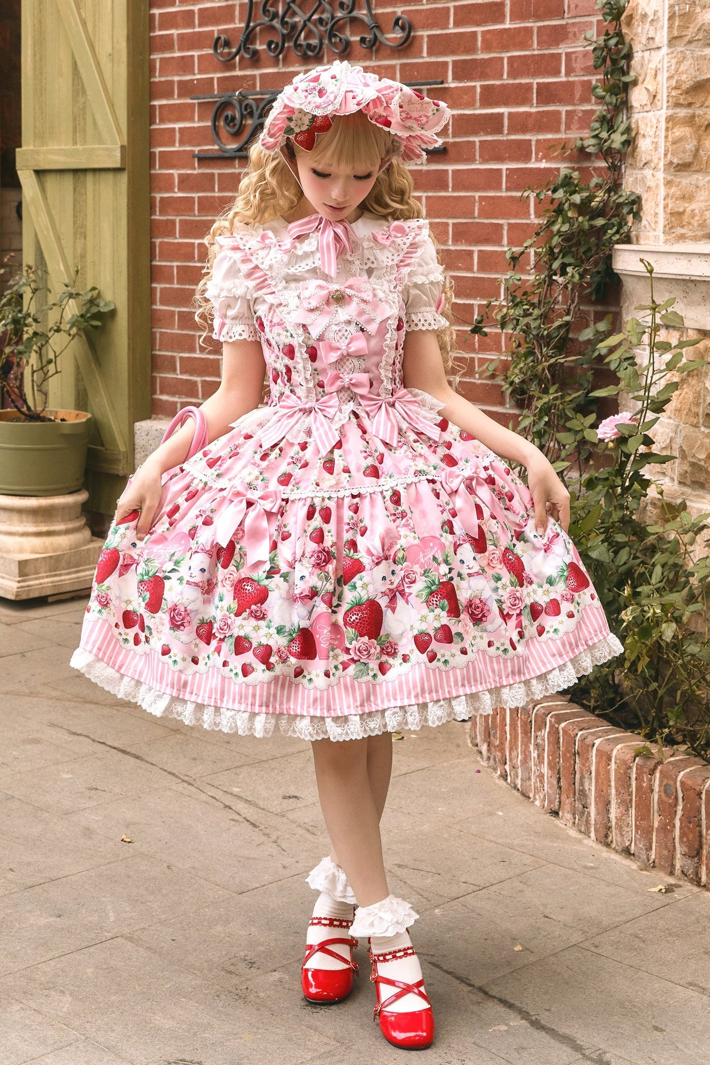 [pre-order Deadline: April 29] Strawberry Rabbit Ear Ribbon Shirt + Ruffled Shoulder Lace Ribbon Jk School Uniform Dress + Full Set/complete Set