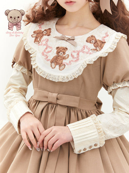 [pre-order] Lolita Teddy Bear Flap Lace Puff Sleeve Ribbon Dress