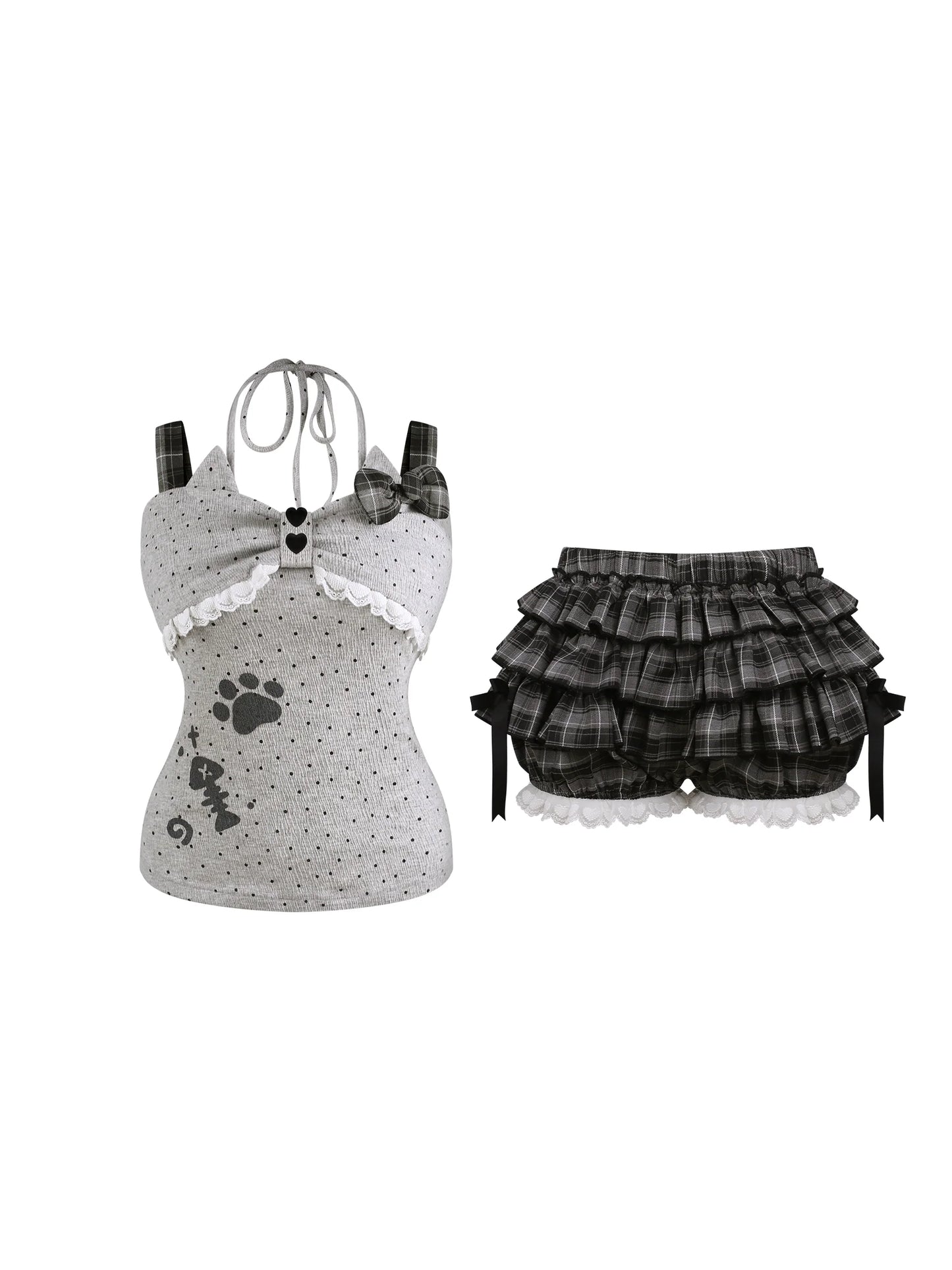 Black Cat Dot Camisole + Plaid Tiered Skirt