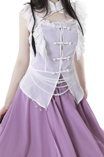 Light Smock Suspender Dress + Short Dress + China Design Sleeveless Top + Short Shirt + Pearl Accessories