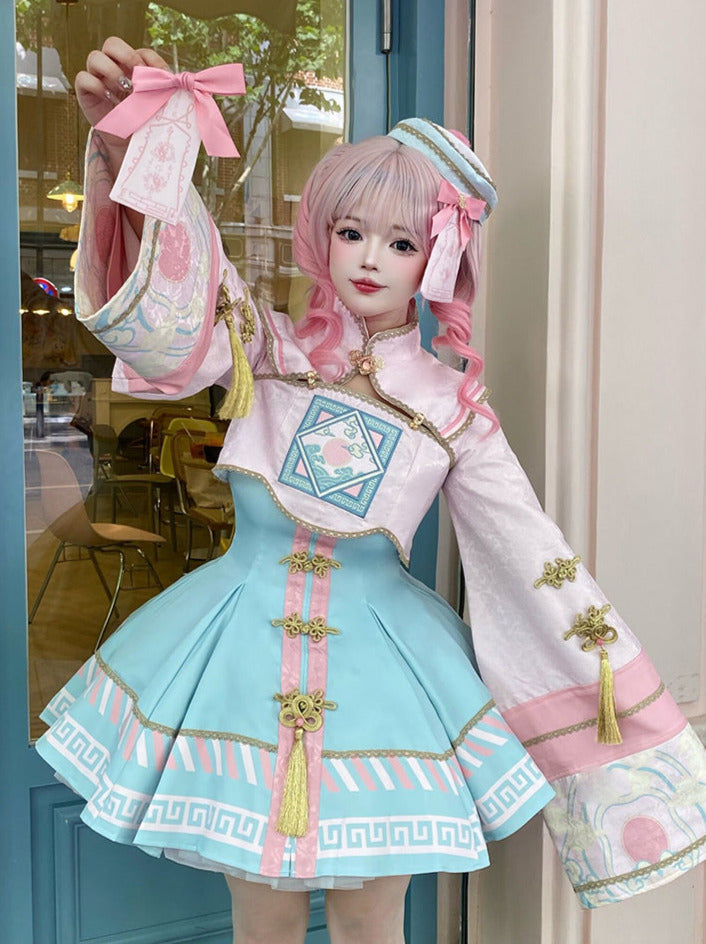 [pre-order] Little Jiangshi Pink Lolita Sweet Dress + Jacket + Hat + Ribbon