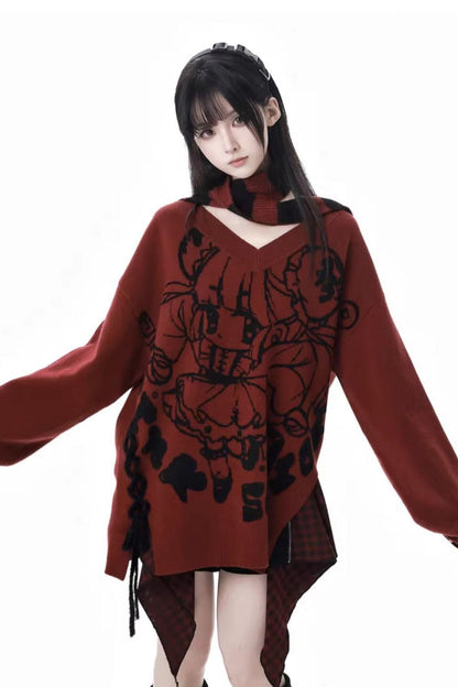 Chinese-style Illustration V Neck Knit Slim Sweater Design Shirt & Skirt Set