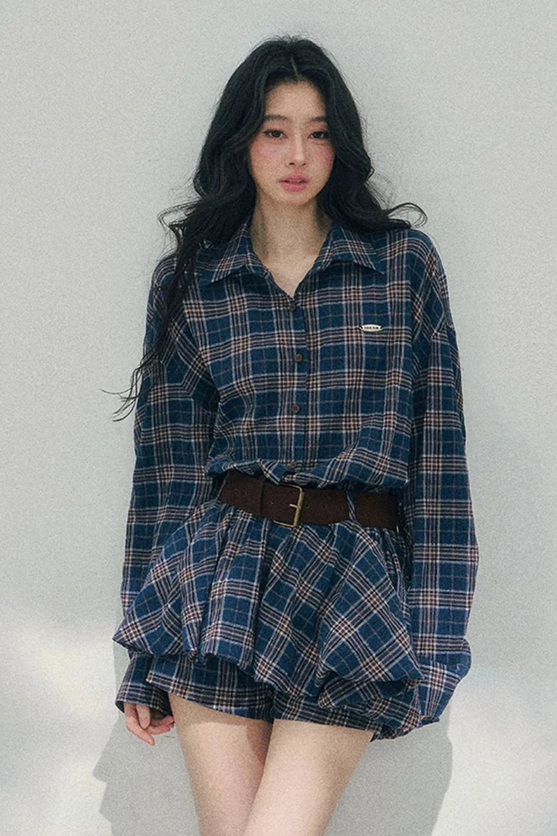 American Polo Collar Check Dress + Pants + Belt