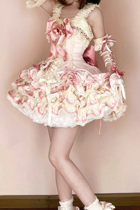 [pre-order Deadline: April 30] Sweet Pink Lolita Lace Ribbon Corset Tiered Jsk Dress
