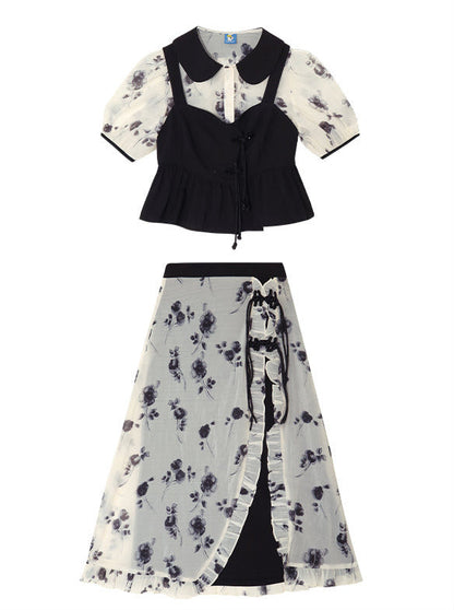 Chinese-style Black White Top Bustier Skirt Three Piece Set
