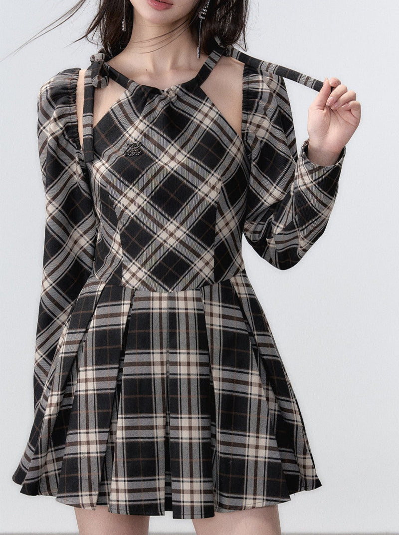 French Suspender Plaid Ribbon a Line Dress