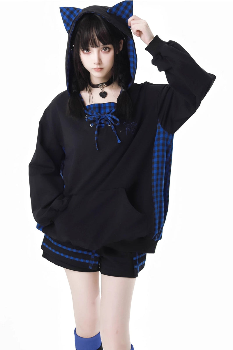 Blue Grid Cat Ear Set