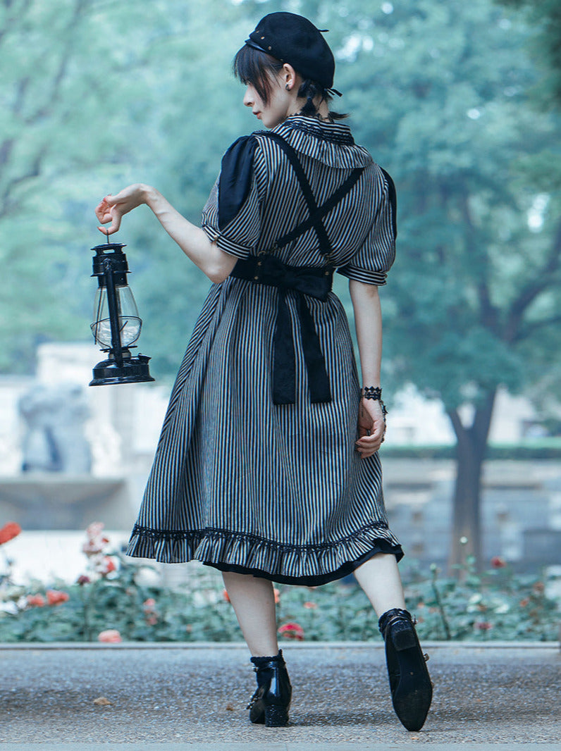 Steam Continental Retro Stripe Puff Sleeve Dark Gothic Dress