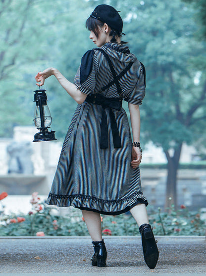 Steam Continental Retro Stripe Puff Sleeve Dark Gothic Dress