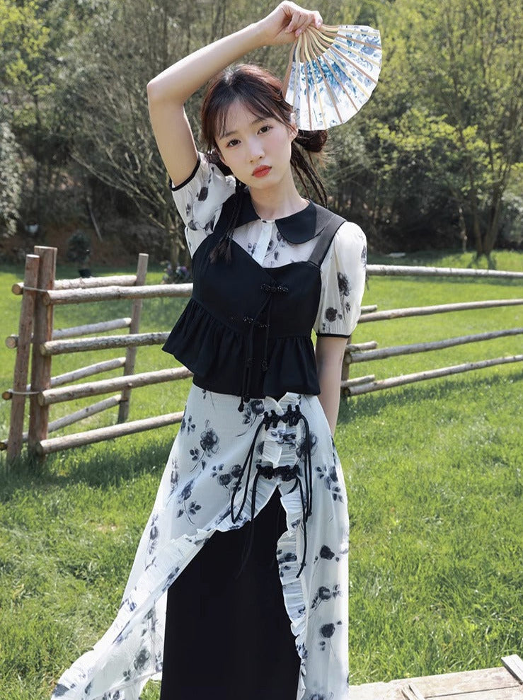 Chinese-style Black White Top Bustier Skirt Three Piece Set