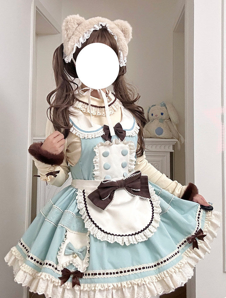 [pre-order Item]chocolate Mint Sailor Collar Girly Maid Dress + Cake Hat