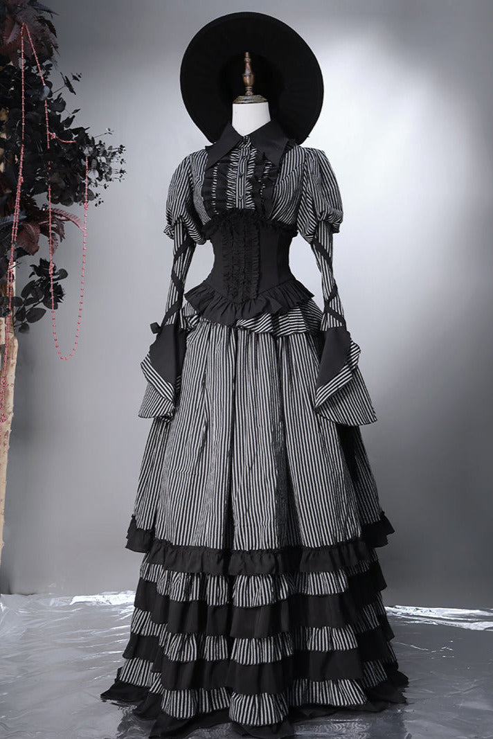 [pre-order] Dark Striped Gusset-sleeved Shirt + Corset + Skirt