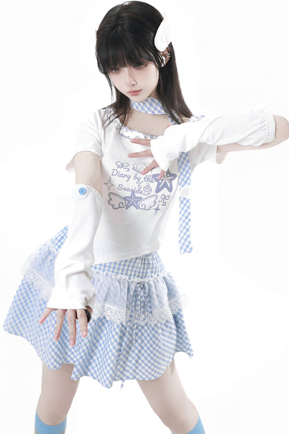 Pastel Sweet Twin T-shirt With Scarf + Puff Skirt + Arm Covers