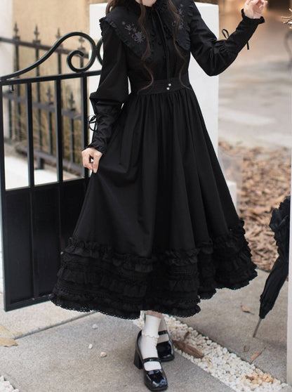 Retro French Leg-of-mutton Dark Dress + Belt
