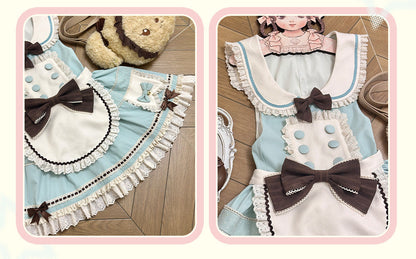 [pre-order Item]chocolate Mint Sailor Collar Girly Maid Dress + Cake Hat