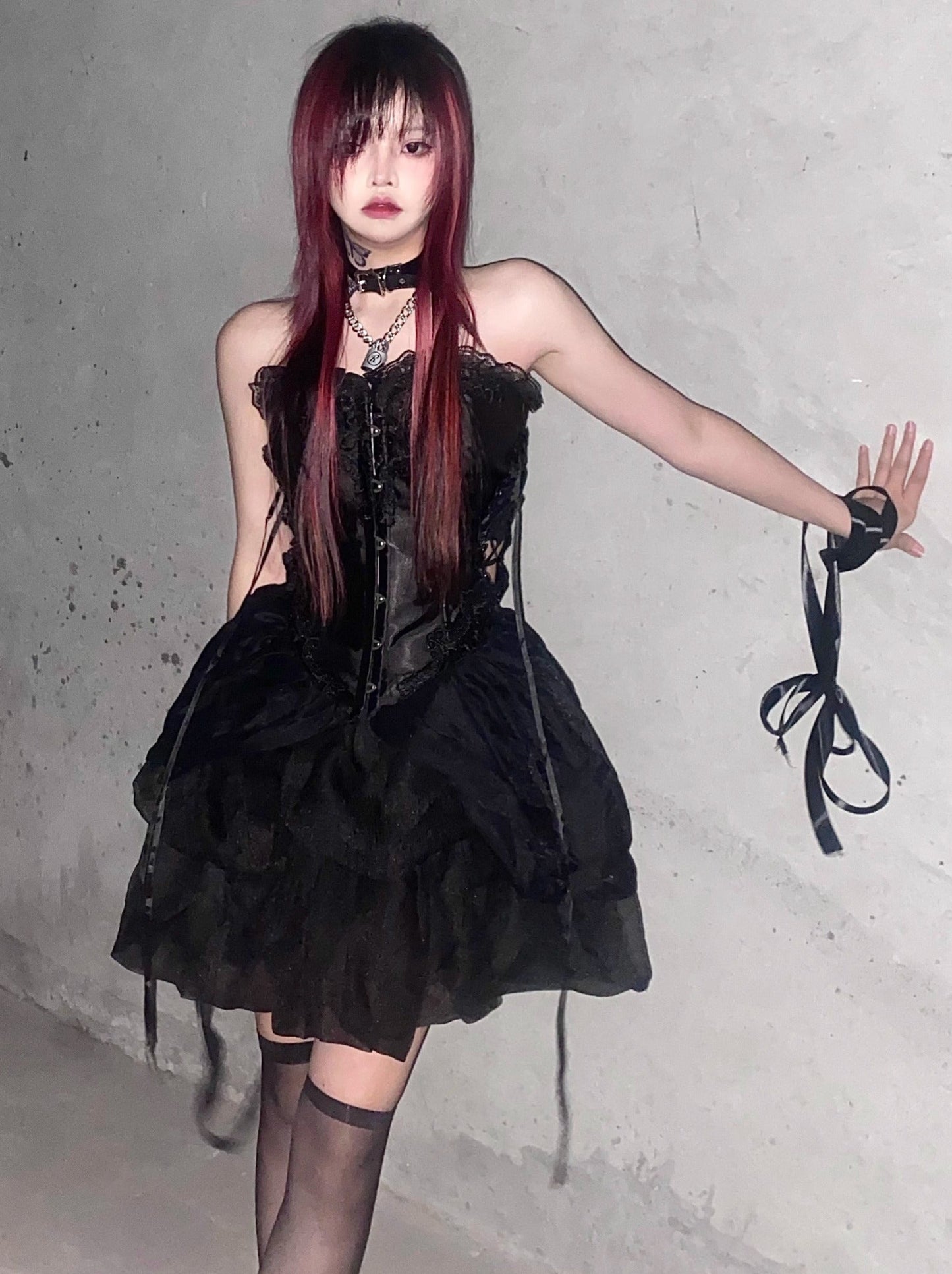 Cool Spicy Black Lace Up Bustier + Tulle Skirt