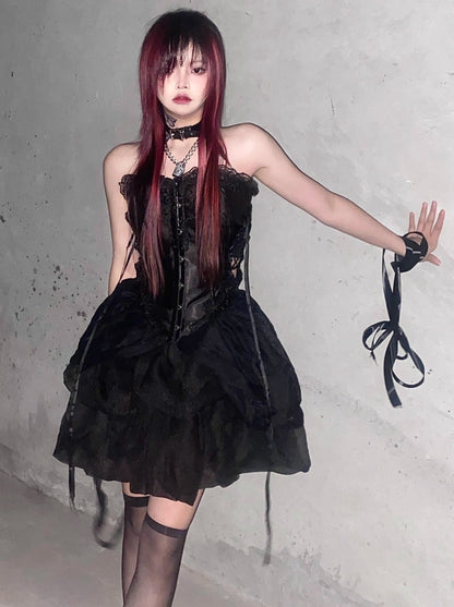 Cool Spicy Black Lace Up Bustier + Tulle Skirt