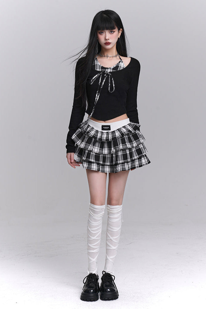 Plaid Top + Short Puff Skirt