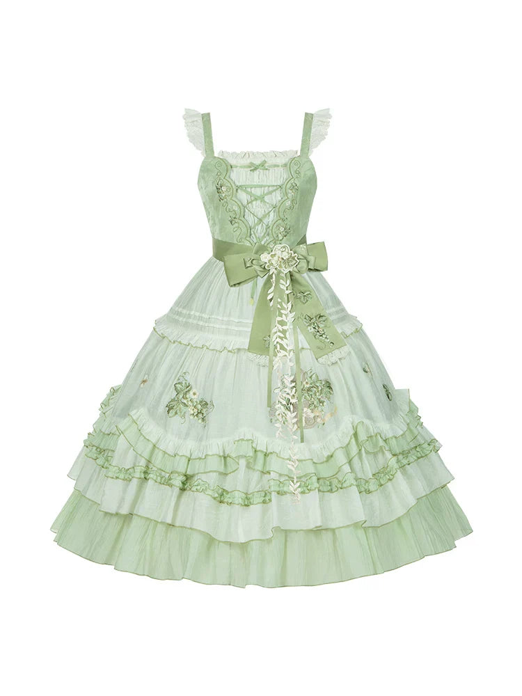 Green Embroidered Lolita One-piece Dress + Cardigan + Hat + Belt + Accessories