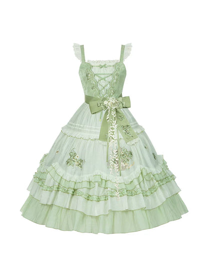 Green Embroidered Lolita One-piece Dress + Cardigan + Hat + Belt + Accessories