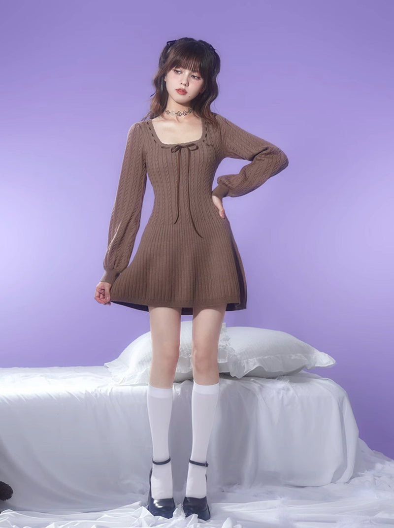 Balloon Sleeve Brown Knit Dress