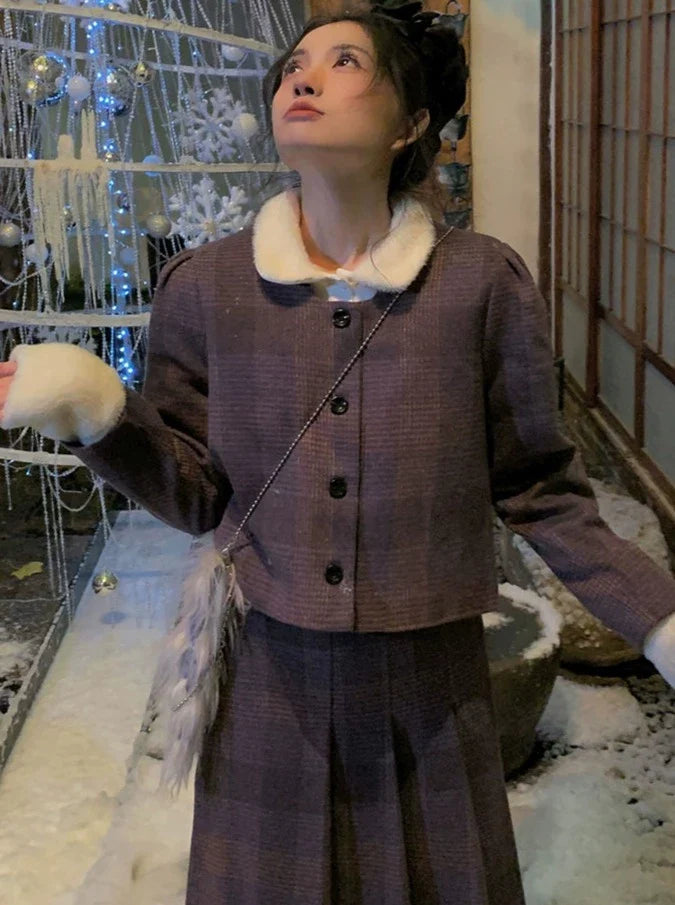 Retro Dark Purple Check Jacket + Long Skirt