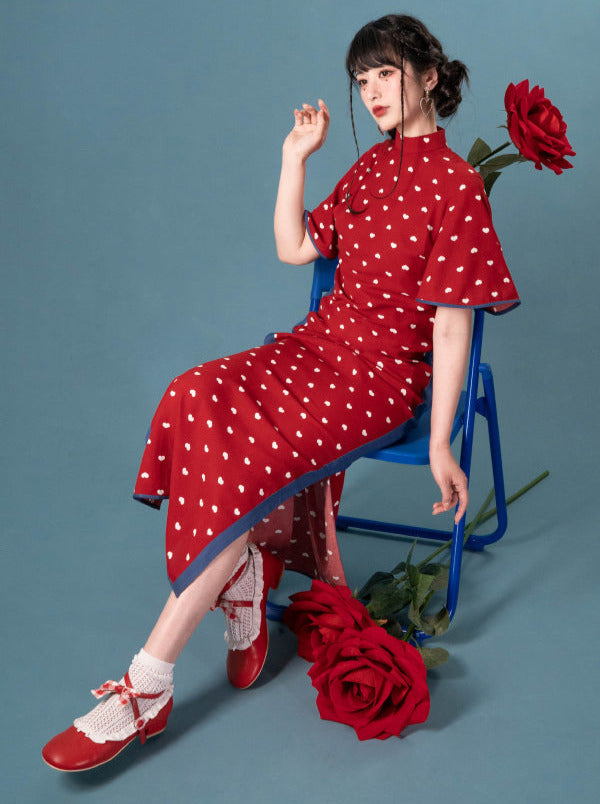 Back Open Love Denim Element Stand Collar Cheongsam Dress