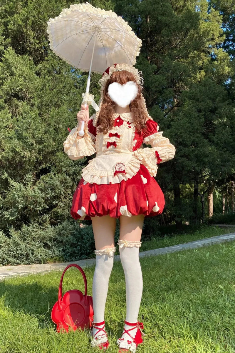 Mushroom Doll Dress + Ribbon Ruffle Apron + Ruffle Sleeves + Bunny Ear Hat
