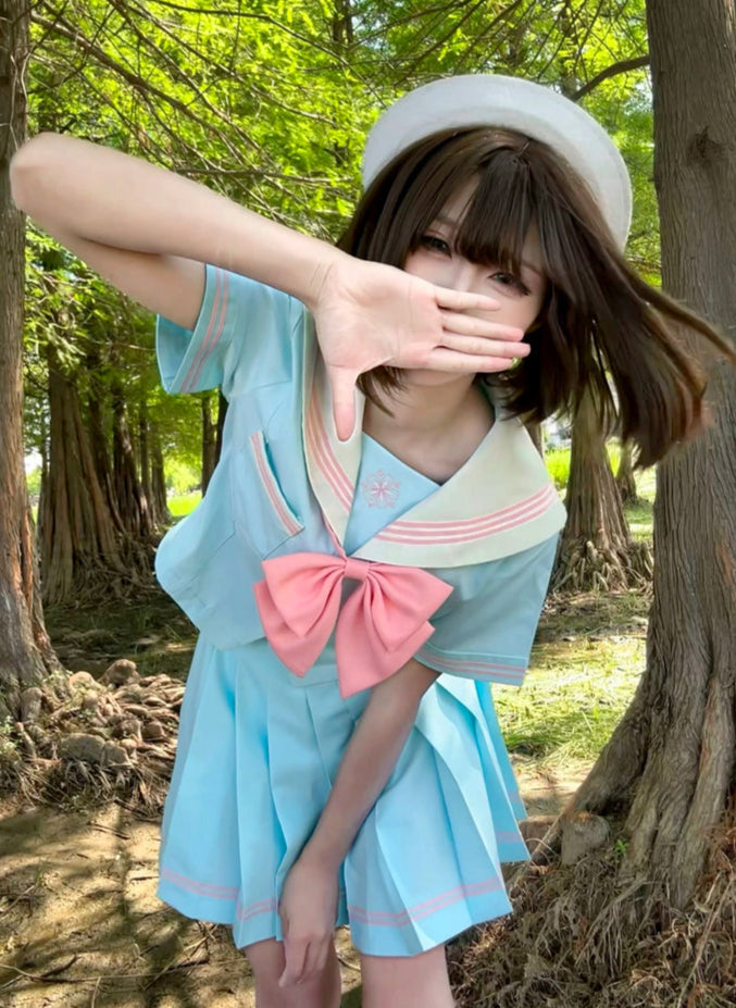 Anime Girl Light Blue Sailor Suit + Pleated Skirt