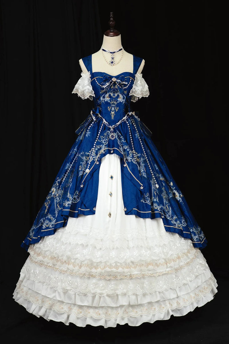[pre-order Deadline: May 3] Dark Blue White Corset Lace Ribbon Lolita Jsk Princess Dress + Complete Set